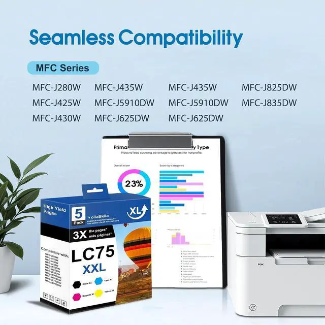 Alt view image 2 of 7 - LC75 LC75XL Ink Cartridges Set (5-Pack) High Yield Replacement for Brother LC75XL Ink Work for MFC-J280W MFC-J425W MFC-J430W MFC-J435W MFC-J5910DW Printer (2Black 1Cyan 1Magenta 1Yellow)