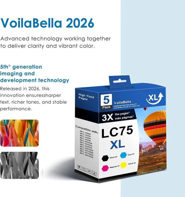 Alt view image 5 of 7 - LC75 LC75XL Ink Cartridges Set (5-Pack) High Yield Replacement for Brother LC75XL Ink Work for MFC-J280W MFC-J425W MFC-J430W MFC-J435W MFC-J5910DW Printer (2Black 1Cyan 1Magenta 1Yellow)