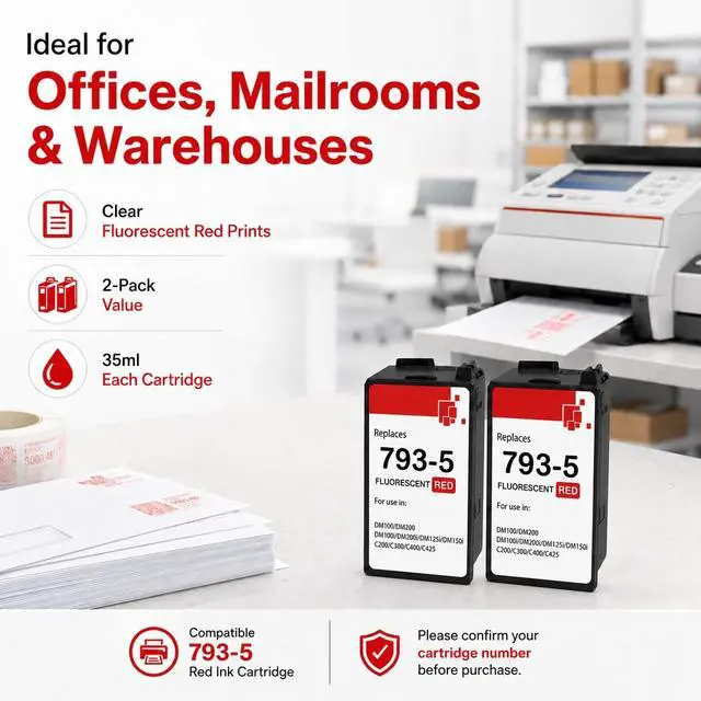 Alt view image 4 of 7 - 793-5 Red Ink Cartridge 2-Pack, Compatible with Pitney Bowes SendPro C200 C300 C400 C425, DM100i DM125i DM200L Postage Meters, 35ml Replacement Fluorescent Red Ink