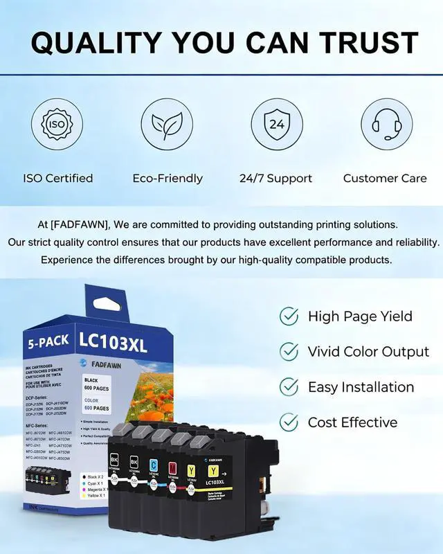 Alt view image 7 of 7 - LC103XL LC103 Ink Cartridges Replacement for Brother Printer LC101 LC103 XL Ink Cartridges High Yield 5-Pack (LC103BK LC103C LC103M LC103Y) - Work with MFC-J870DW MFC-J6920DW MFC-J450DW MFC-J470DW
