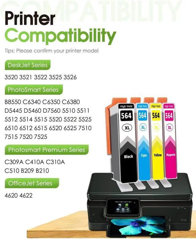 Alt view image 2 of 7 - 564XL Ink Cartridges High Yield (4-Pack, Black/Cyan/Magenta/Yellow) Replacement for HP 564XL Ink Cartridges Work 564 XL for Photosmart 7520 7510 7525 5520 5510 6510 6520 DeskJet 3522 3521 Printer
