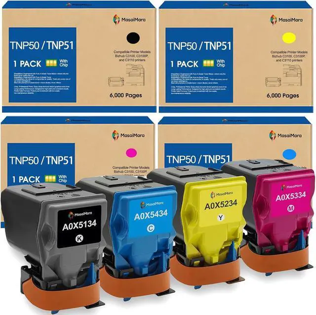 Main image of MasaiMara High Capacity TNP50 TNP51 A0X5134 A0X5434 A0X5334 A0X5234 Compatible Toner Cartridges Replacement for Konica Minolta Bizhub C3100 C3100P C3110 Printer (Black, Cyan, Magenta, Yellow, 4-Pack)