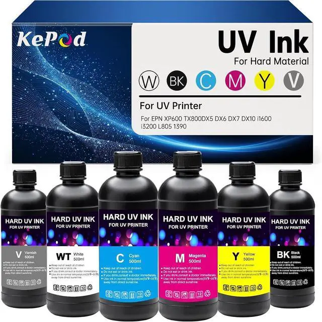 Main image of UV Ink for Hard Materials 500ML with UV Printer for EPN XP600 TX800 DX5 DX6 DX7 DX10 i1600 i3200 L805 1390 printhead Compatible for Acrylic Wood etcBlack, Cyan, Magenta, Yellow, White, Hard Varnish