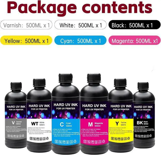 Alt view image 7 of 7 - UV Ink for Hard Materials 500ML with UV Printer for EPN XP600 TX800 DX5 DX6 DX7 DX10 i1600 i3200 L805 1390 printhead Compatible for Acrylic Wood etcBlack, Cyan, Magenta, Yellow, White, Hard Varnish