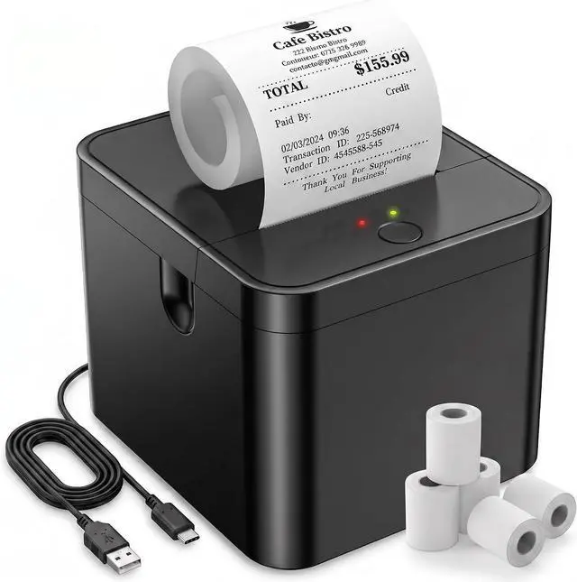 Main image of 58mm Portable Thermal Printer with 5 Rolls, POS Receipt and Label Printer, Compatible with Android/Windows, On-the-Go Mobile Printing for Business, Delivery, and Logistics
