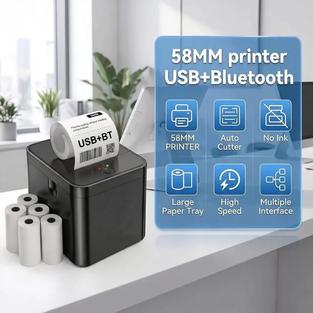 Alt view image 2 of 7 - 58mm Portable Thermal Printer with 5 Rolls, POS Receipt and Label Printer, Compatible with Android/Windows, On-the-Go Mobile Printing for Business, Delivery, and Logistics
