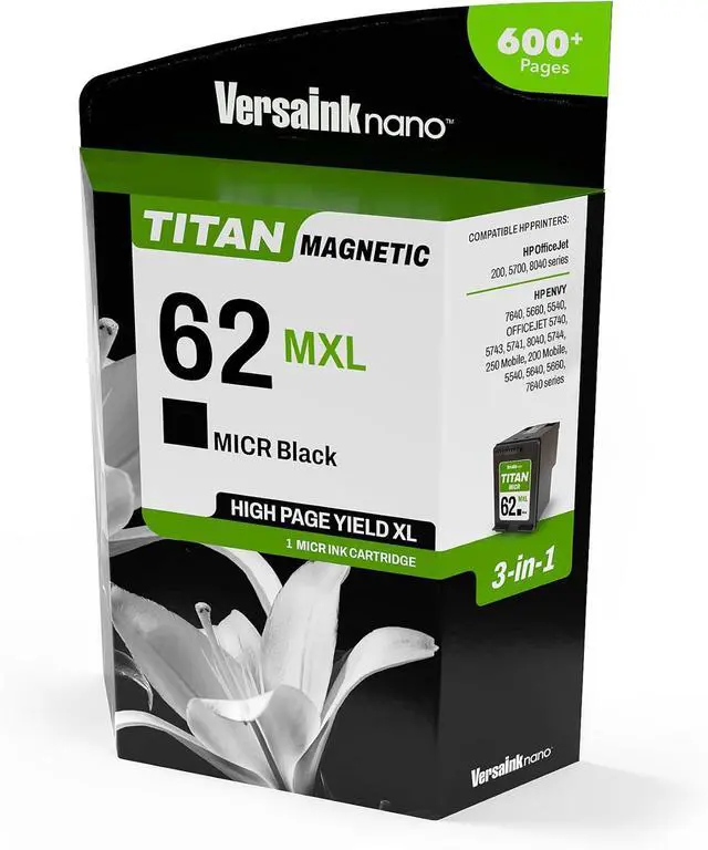 Alt view image 2 of 7 - VersaInk-Nano 62 MXL Titan-Magnetic (MICR 3-in-1) Black Ink Cartridge Replacement of 62 and 62 XL, Works with Envy 7640, 5660, 5540, OFFICEJET 5740,5743,5741,8040,5744,250 Mobile,200 Mobile