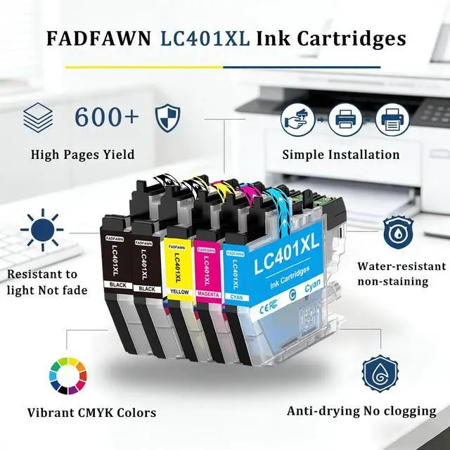 Alt view image 3 of 7 - LC401 LC401XL Ink Cartridges Replacement for Brother Printer LC401XL LC 401 XL High Yield 5-Pack Set - Work for MFC-J1010DW MFC-J1012DW MFC-J1170DW MFC-J1800DW (2BK/C/M/Y)