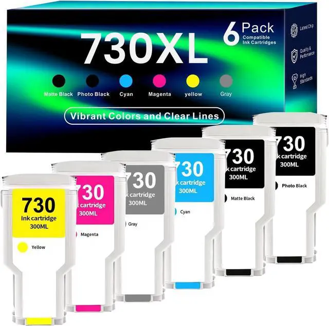 Main image of 730 Ink Cartridges 300ml 6Pack Compatible with HP DesignJet T1600 T1700 T2600 Printers Replacement for HP 730 Ink Cartridges P2V68A P2V69A P2V70A P2V71A P2V72A P2V73A