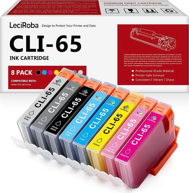 Main image of LeciRoba Eight Pack CLI-65 CLI65 Compatible Ink Cartridge Replacement for Canon PIXMA PRO-200, and PIXMA PRO-200S Printer (8-Pack, BK, C, M, Y, PM, PC, GY, LGY)