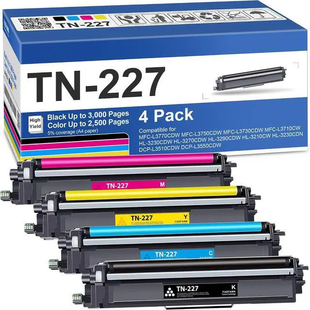 Main image of TN227 High Yield Toner Cartridge 4 Pack: Compatible Replacement for Brother TN227BK/C/M/Y use with HL-L3210CW L3230CDW L3270CDW L3290CDW MFC-L3710CW L3750CDW L3770CDW Printer, BK, CMY 4-Color Set