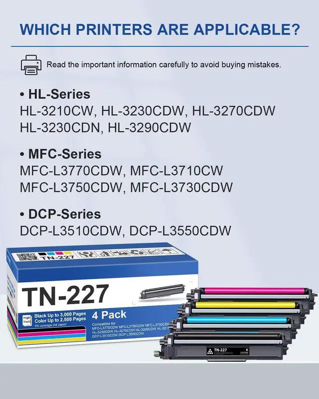 Alt view image 2 of 6 - TN227 High Yield Toner Cartridge 4 Pack: Compatible Replacement for Brother TN227BK/C/M/Y use with HL-L3210CW L3230CDW L3270CDW L3290CDW MFC-L3710CW L3750CDW L3770CDW Printer, BK, CMY 4-Color Set