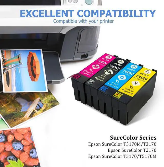 Alt view image 2 of 7 - T40W Ink Cartridge Replacement for T40W120 T40W220 T40W320 T40W420 Ink Work with SureColor T5170, T5170M, T3170, T3170M, T2170 Printer (Black, Cyan, Yellow, Magenta, 4-Pack)
