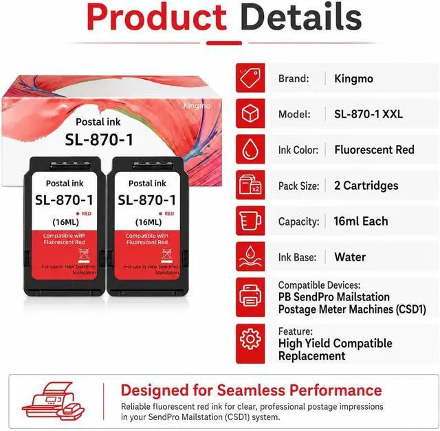 Alt view image 2 of 7 - Kingmo SL-870-1 Fluorescent Red Postage Ink Cartridge 2-Pack (16ml Each), Compatible Replacement for PB SendPro Mailstation Postage Meter CSD1