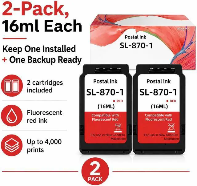 Alt view image 3 of 7 - Kingmo SL-870-1 Fluorescent Red Postage Ink Cartridge 2-Pack (16ml Each), Compatible Replacement for PB SendPro Mailstation Postage Meter CSD1