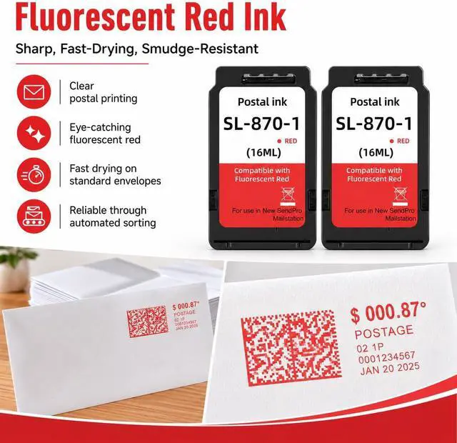 Alt view image 4 of 7 - Kingmo SL-870-1 Fluorescent Red Postage Ink Cartridge 2-Pack (16ml Each), Compatible Replacement for PB SendPro Mailstation Postage Meter CSD1