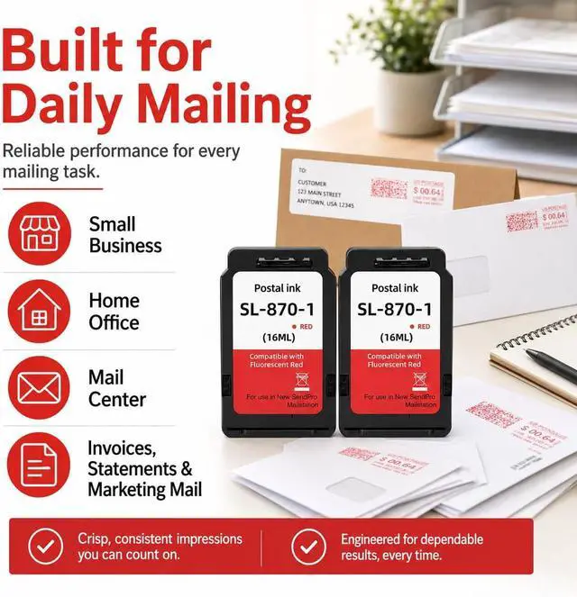 Alt view image 5 of 7 - Kingmo SL-870-1 Fluorescent Red Postage Ink Cartridge 2-Pack (16ml Each), Compatible Replacement for PB SendPro Mailstation Postage Meter CSD1