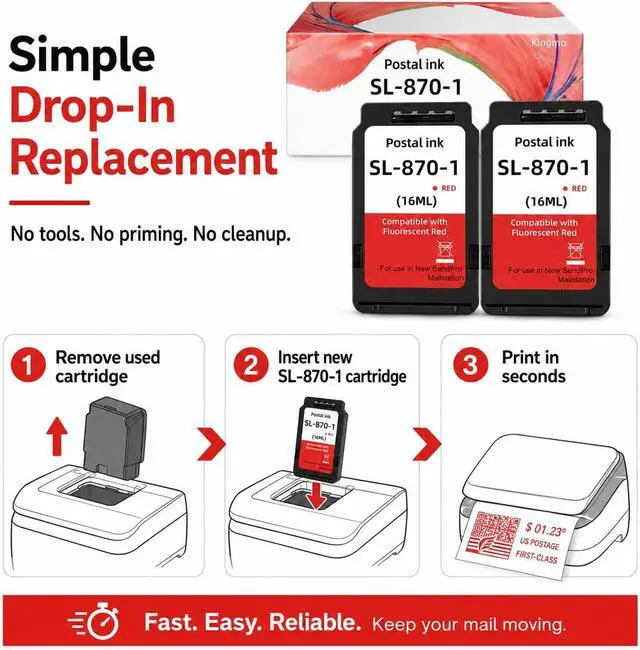 Alt view image 7 of 7 - Kingmo SL-870-1 Fluorescent Red Postage Ink Cartridge 2-Pack (16ml Each), Compatible Replacement for PB SendPro Mailstation Postage Meter CSD1