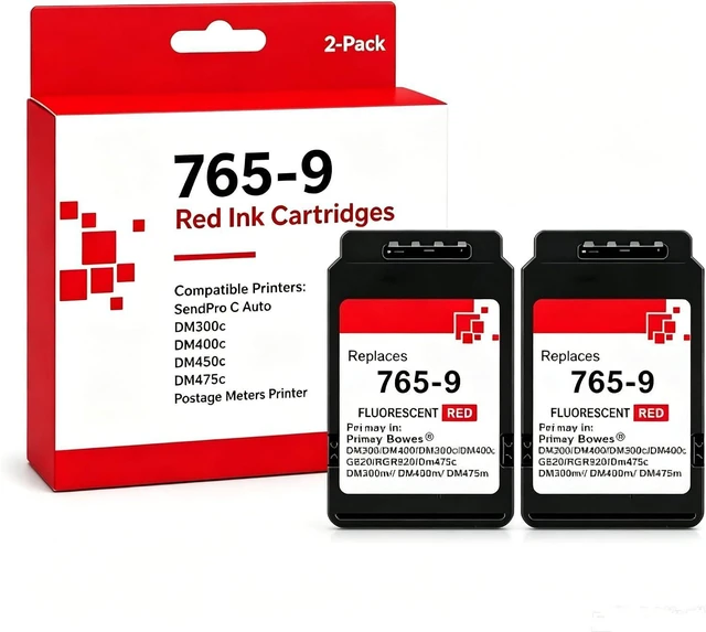 Main image of High Yield Red Ink Cartridge, Replacement Compatible with Pitney Bowes 765-9, Fit for SendPro C Auto DM300c DM400c DM450c DM475c Postage Meter Printers, 2-Pack 45ml