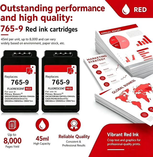 Alt view image 3 of 6 - High Yield Red Ink Cartridge, Replacement Compatible with Pitney Bowes 765-9, Fit for SendPro C Auto DM300c DM400c DM450c DM475c Postage Meter Printers, 2-Pack 45ml