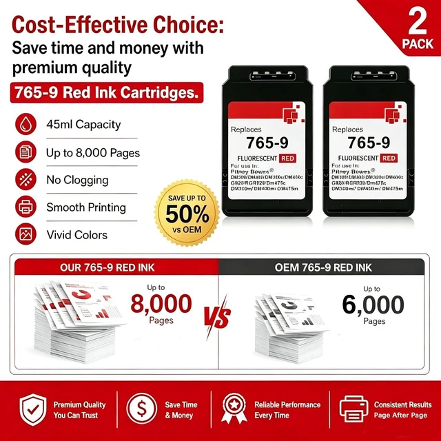 Alt view image 4 of 6 - High Yield Red Ink Cartridge, Replacement Compatible with Pitney Bowes 765-9, Fit for SendPro C Auto DM300c DM400c DM450c DM475c Postage Meter Printers, 2-Pack 45ml
