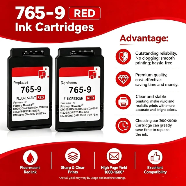 Alt view image 5 of 6 - High Yield Red Ink Cartridge, Replacement Compatible with Pitney Bowes 765-9, Fit for SendPro C Auto DM300c DM400c DM450c DM475c Postage Meter Printers, 2-Pack 45ml
