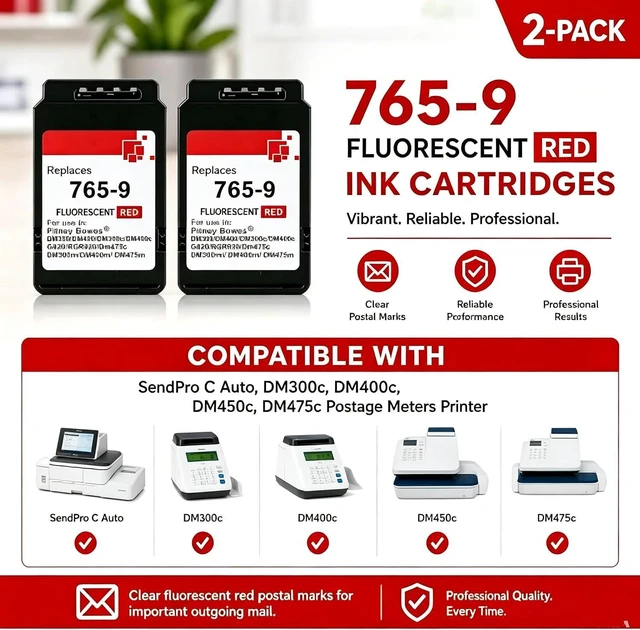 Alt view image 2 of 6 - High Yield Red Ink Cartridge, Replacement Compatible with Pitney Bowes 765-9, Fit for SendPro C Auto DM300c DM400c DM450c DM475c Postage Meter Printers, 2-Pack 45ml