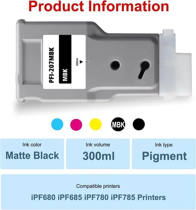 Alt view image 7 of 7 - PFI-207 Ink Cartridges Matte Black 300ml 1-Pack, Replacement for Canon PFI-207 MBK Ink Tank Compatible with imagePROGRAF iPF680 iPF685 iPF780 iPF785 Large Format Printers for CAD Drawing