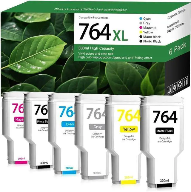 Main image of 764 Ink Cartridge Replacement for HP 764 Designjet Ink Cartridge (C1Q13A C1Q14A C1Q15A C1Q16A C1Q17A C1Q18A) Compatible with HP DesignJet T3500 Printer (6-Pack, 300ML, MK/PK/C/M/Y/G)