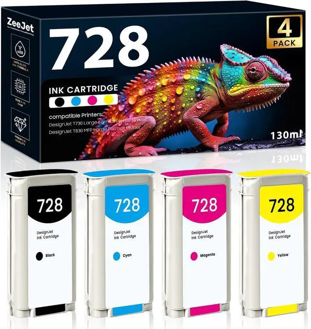 Main image of 728 Ink Cartridges Replacement for HP 728 Ink for DesignJet T830 T730 Large Format Plotter Printer Ink 3WX25A F9J67A F9J77A F9J65A 130ml 4-Pack Matte Black Cyan Magenta Yellow