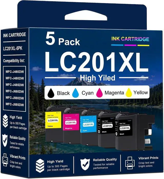 Main image of LC201XL Ink Cartridges 5-Pack Replacement for Brother LC201 XL, 2BK/C/M/Y