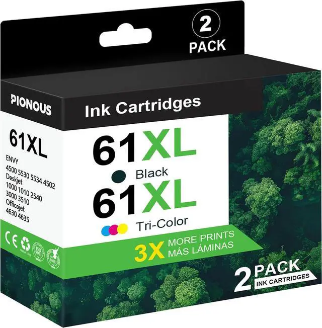 Main image of 61XL 61 Ink Cartridges Combo Pack Replacement for HP Ink 61 61 XL Work with Envy 4500 5530 5535 4502 Deskjet 3050 1000 2540 1010 3510 3000 Officejet 4630 4635 Printer (2-Pack, Black, Tri-Color)