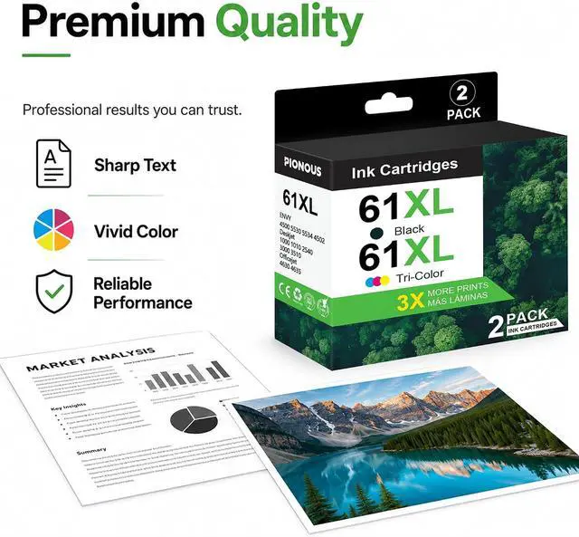 Alt view image 5 of 7 - 61XL 61 Ink Cartridges Combo Pack Replacement for HP Ink 61 61 XL Work with Envy 4500 5530 5535 4502 Deskjet 3050 1000 2540 1010 3510 3000 Officejet 4630 4635 Printer (2-Pack, Black, Tri-Color)