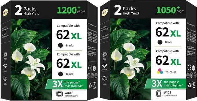 Main image of 62XL Ink Cartridges 4-Pack Replacement for HP 62 XL Black Color Combo Pack for HP62 HP62XL with Printer Envy 5540 5542 5544 5545 5640 5642 5660 5664 5665 7640 7645 8000 OfficeJet 200 250 5740 5742 574