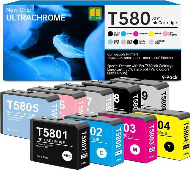 Main image of T580 Ink Cartridge with New Chip Remanufactured Pro 3800 3880 Printer Ink