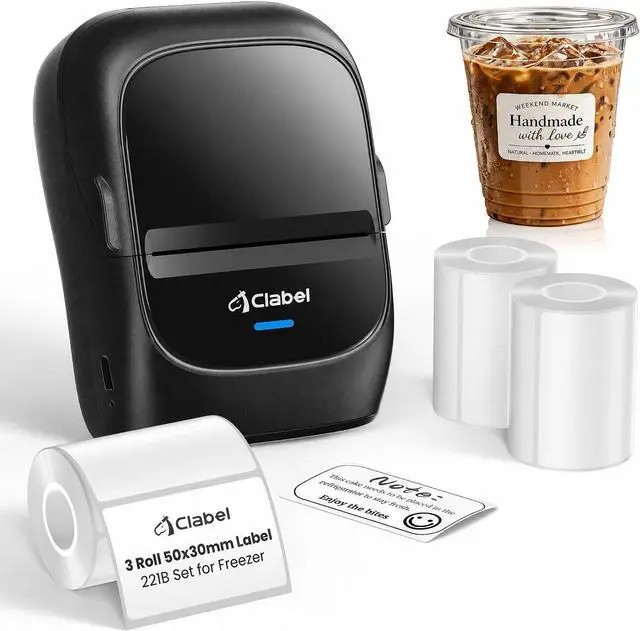 Main image of CLABEL 221B Label Printer for Small Business, for Frozen Food and Retail, with 3 Rolls Low Temperature Thermal Labels (1.97x1.18 Inch), Water and Oil Resistant, Freezer Adhesive Down to -30°C