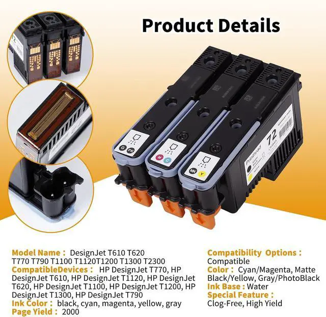 Alt view image 3 of 7 - 72 Printhead Compatible for HP Printers T610 T620 T770 T790 T1100 T1120 T1200 T1300 T2300 Printer, with New Chips 72 Printhead ( Cyan/Magenta, Matte Black/Yellow, Gray/Photo Black )