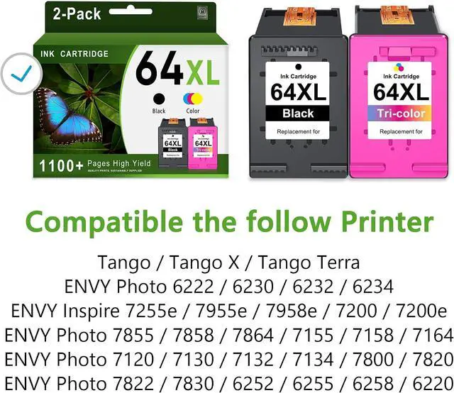 Alt view image 2 of 7 - 64XL Ink Cartridge (Black and Color 2-Pack) Replacement for HP 64 XL 64 Ink Cartridges Fits for Envy Photo 7858 7855 7155 7864 7158 6252 6255 Tango Printer Combo Pack