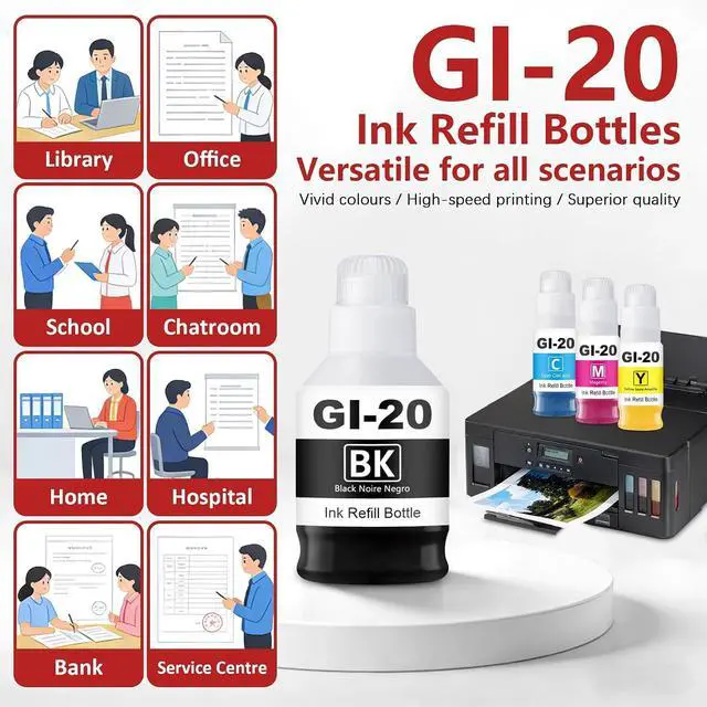 Alt view image 6 of 6 - GI-20 Black and Color Ink Refill Bottles 4-Pack G5020 G7020 G6020 Ink