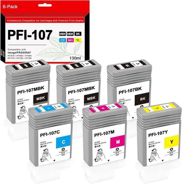Main image of PFI-107 Ink Cartridge Set 130ml Pigment PFI-107MBK PFI-107BK PFI-107C PFI-107M PFI-107Y Ink Tank Replacement for Canon imagePROGRAF iPF680 685 780 785 (6-Pack)