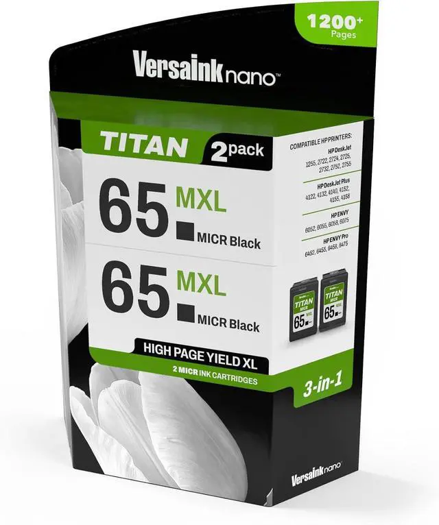 Alt view image 2 of 7 - VersaInk-Nano 65 MXL Titan-Magnetic (MICR 3-in-1) Black Ink Cartridge 2-Pack Compatible with 65 and 65 XL, Compatible with Deskjet 3700 Series, 2600 Series, Envy 5000 Series