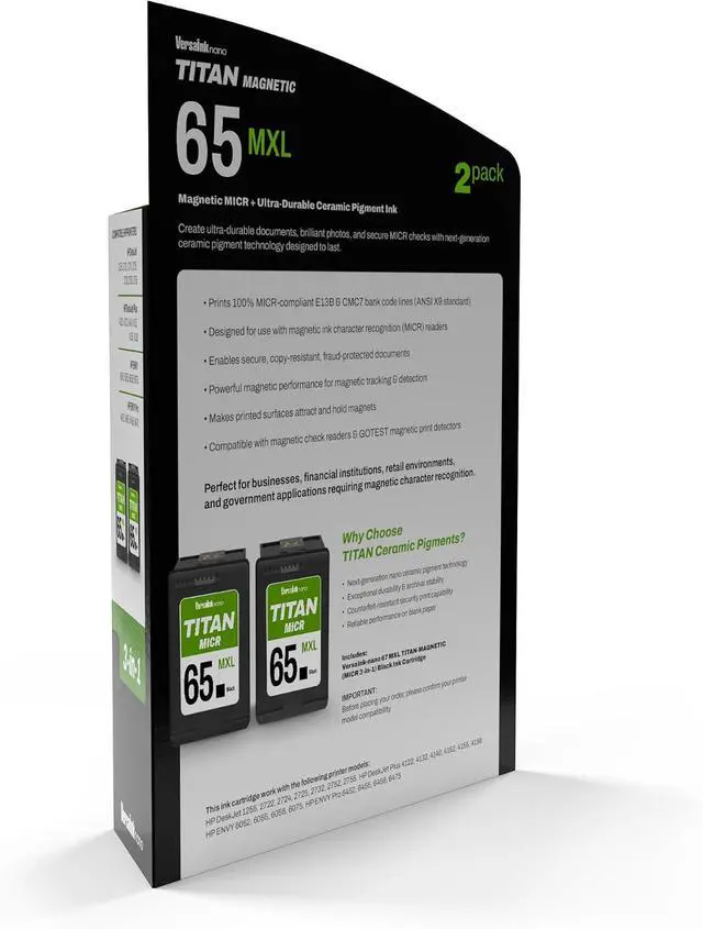 Alt view image 3 of 7 - VersaInk-Nano 65 MXL Titan-Magnetic (MICR 3-in-1) Black Ink Cartridge 2-Pack Compatible with 65 and 65 XL, Compatible with Deskjet 3700 Series, 2600 Series, Envy 5000 Series