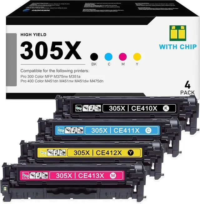 Main image of 305X High Yield Toner Cartridges 4 Pack: Compatible CE410X CE411X CE412X CE413X Toner Replacement for HP 305X Pro 400 Color M451dn M451nw M451dw Pro 300 Color MFP M375nw M351a Printers(1BK/1C/1M/1Y)