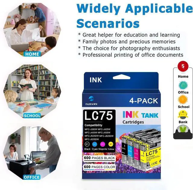 Alt view image 6 of 6 - LC75 Ink Cartridges Replacement for Brother LC71 LC75 LC79 Ink Cartridges Work for MFC-J6510DW MFC-J6710DW MFC-J6910DW MFC-J280W Printer (4 Pack, BK/C/M/Y)
