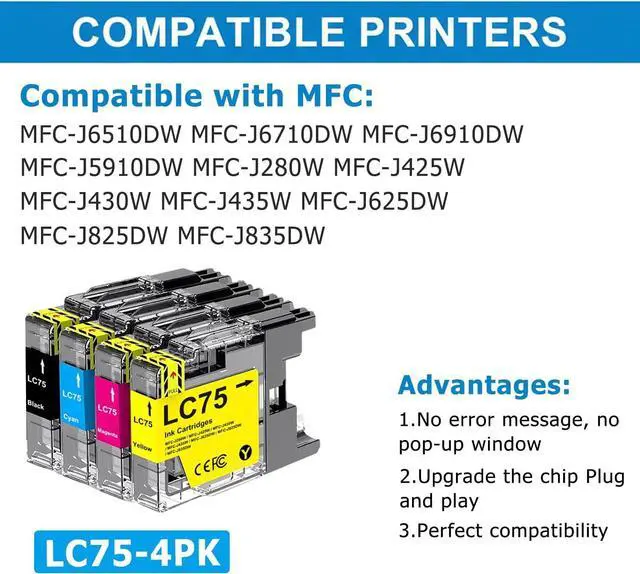Alt view image 3 of 6 - LC75 Ink Cartridges Replacement for Brother LC71 LC75 LC79 Ink Cartridges Work for MFC-J6510DW MFC-J6710DW MFC-J6910DW MFC-J280W Printer (4 Pack, BK/C/M/Y)