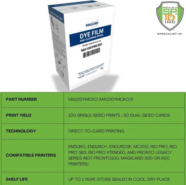 Alt view image 2 of 4 - MAGICARD MA100YMCKO Color Ribbon with Cleaning Spool - 100 Prints - Genuine YMCKO Full Color ID Printer Dye Film for Legacy Magicard Pronto, Enduro, Rio Pro ID Printers & 10 Specialist ID/Test Cards