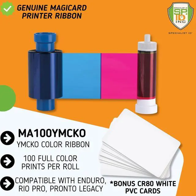 Alt view image 3 of 4 - MAGICARD MA100YMCKO Color Ribbon with Cleaning Spool - 100 Prints - Genuine YMCKO Full Color ID Printer Dye Film for Legacy Magicard Pronto, Enduro, Rio Pro ID Printers & 10 Specialist ID/Test Cards