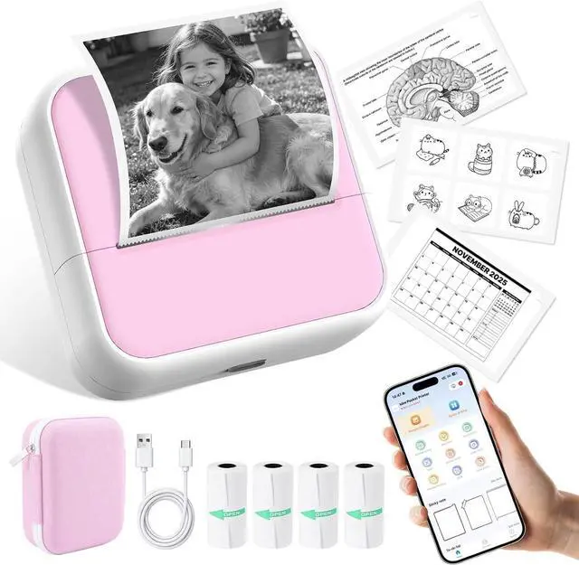 Main image of Wireless Mini Sticker Printer & Inkless Thermal Label Maker with Pink Case