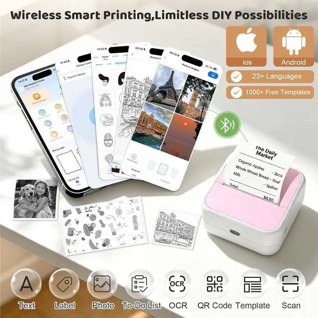 Alt view image 2 of 7 - Wireless Mini Sticker Printer & Inkless Thermal Label Maker with Pink Case