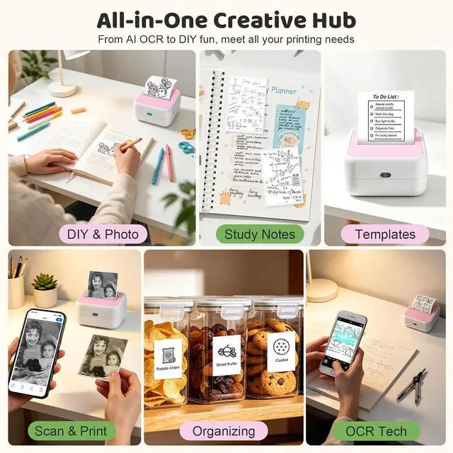 Alt view image 6 of 7 - Wireless Mini Sticker Printer & Inkless Thermal Label Maker with Pink Case